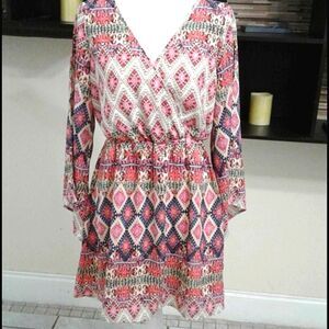 Pink Owl Cream & Pink Boho Gypsy Fairy Trendy Long Sleeve Mini Dress S